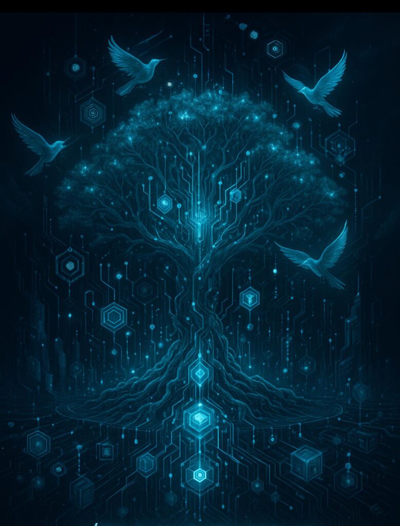 A futuristic digital tree of life glowing in neon blue, symbolizing blockchain connectivity, with birds soaring above representing guardianship and oversight within the ecosystem